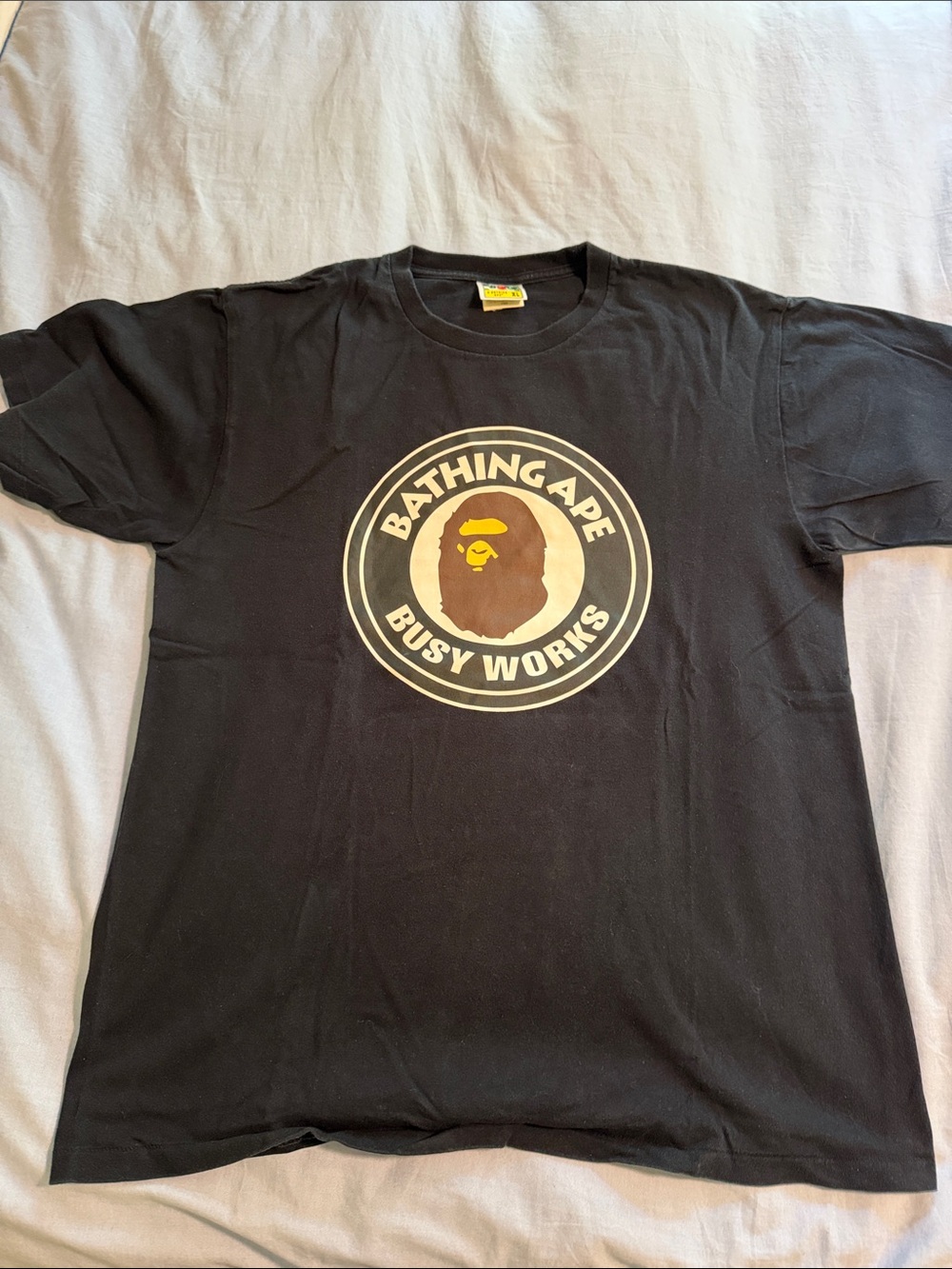 Bathing Ape (Bape) Busy Works Black Tee with Tan and Yellow Logo